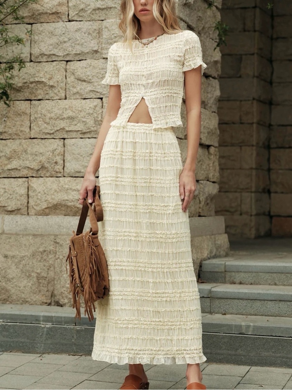 Commense Set: Semi Sheer Cream Ruffled Crop Top Maxi Skirt XS NWT